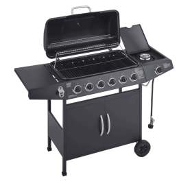 6 Burner BBQ Propane Gas Grill with Side Burner 59000 BTU Output Stainless Steel Barbecue Grill with Enamel-Coated Grates and Side Tables for Out