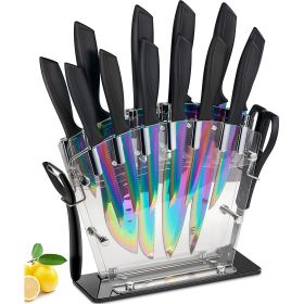 16 Pieces Rainbow Titanium Coating Cutlery Set No Rust Knife Block with Serrated Steak Knives